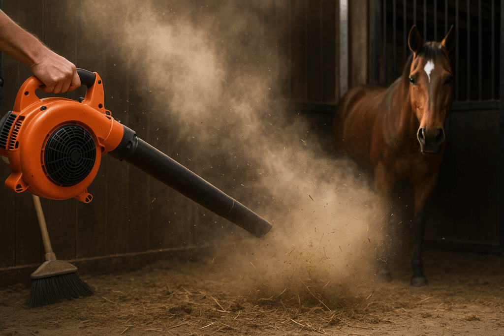 Waarom een bladblazer in de stal géén goed idee is (en wat je wél moet doen)