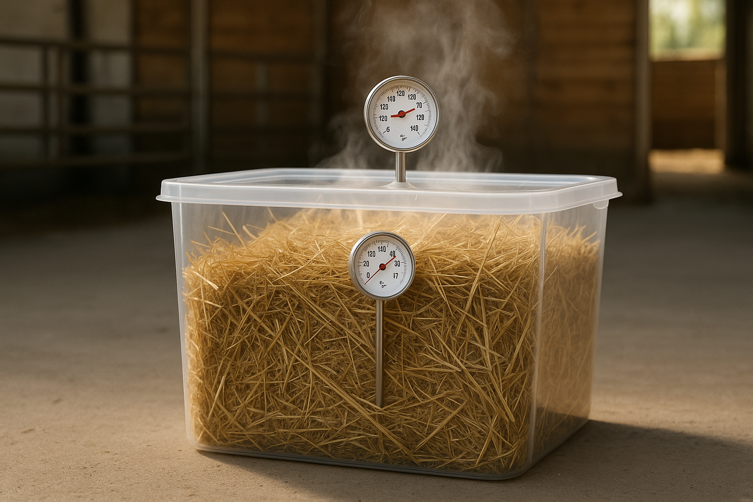 Fotorealistische afbeelding van een transparante hooibak gevuld met hooi, waarin een thermometer duidelijk in het midden van het hooi is gestoken (kernmeting), naast een thermometer op het deksel. De thermometer op het deksel geeft een veel hogere waarde aan dan de thermometer in de kern. Warme stoom stijgt uit de bak, in een schone stalomgeving. Helder, realistisch en informatief.