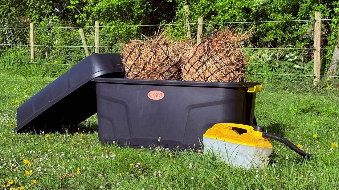 Zwarte hooistomer de krui met hooi op gras.